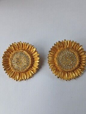 Mish Vintage Amazing Matte Gold Tone Statement Sunflower Clip On Earrings